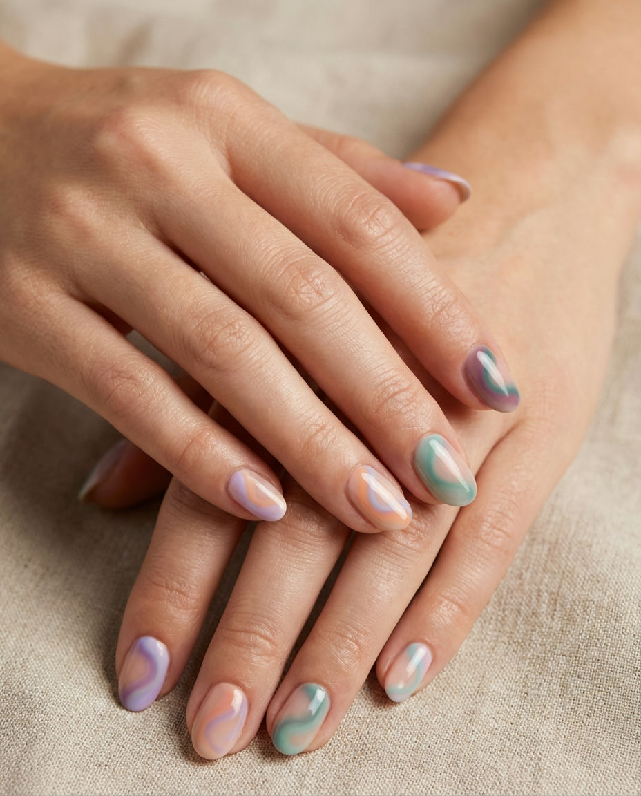 Ocean Blue Aura Square Nails with Wave Design