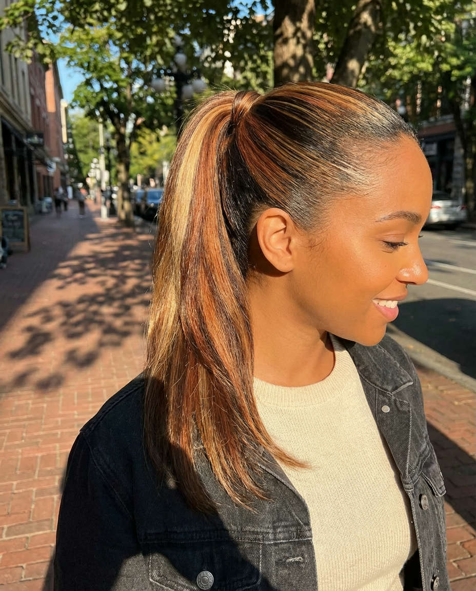 Modern Calico Artistry: Sleek Ponytail with Dye
