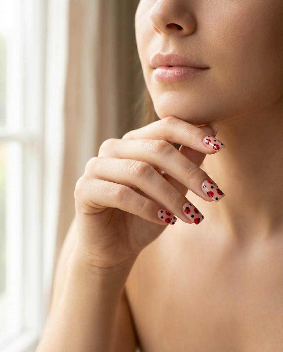 Pink Ladybug French Tips
