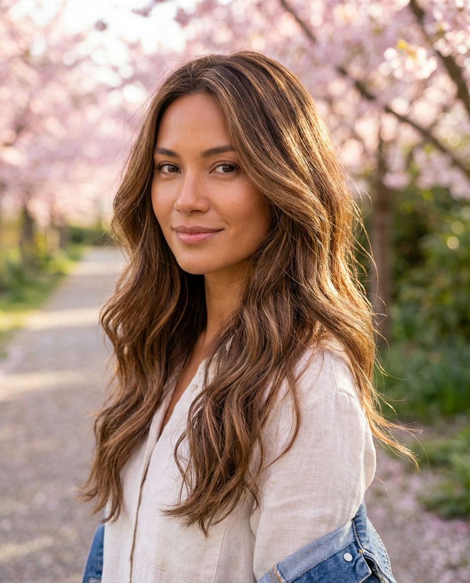 Rich Chestnut Brown Balayage on Wavy Locks
