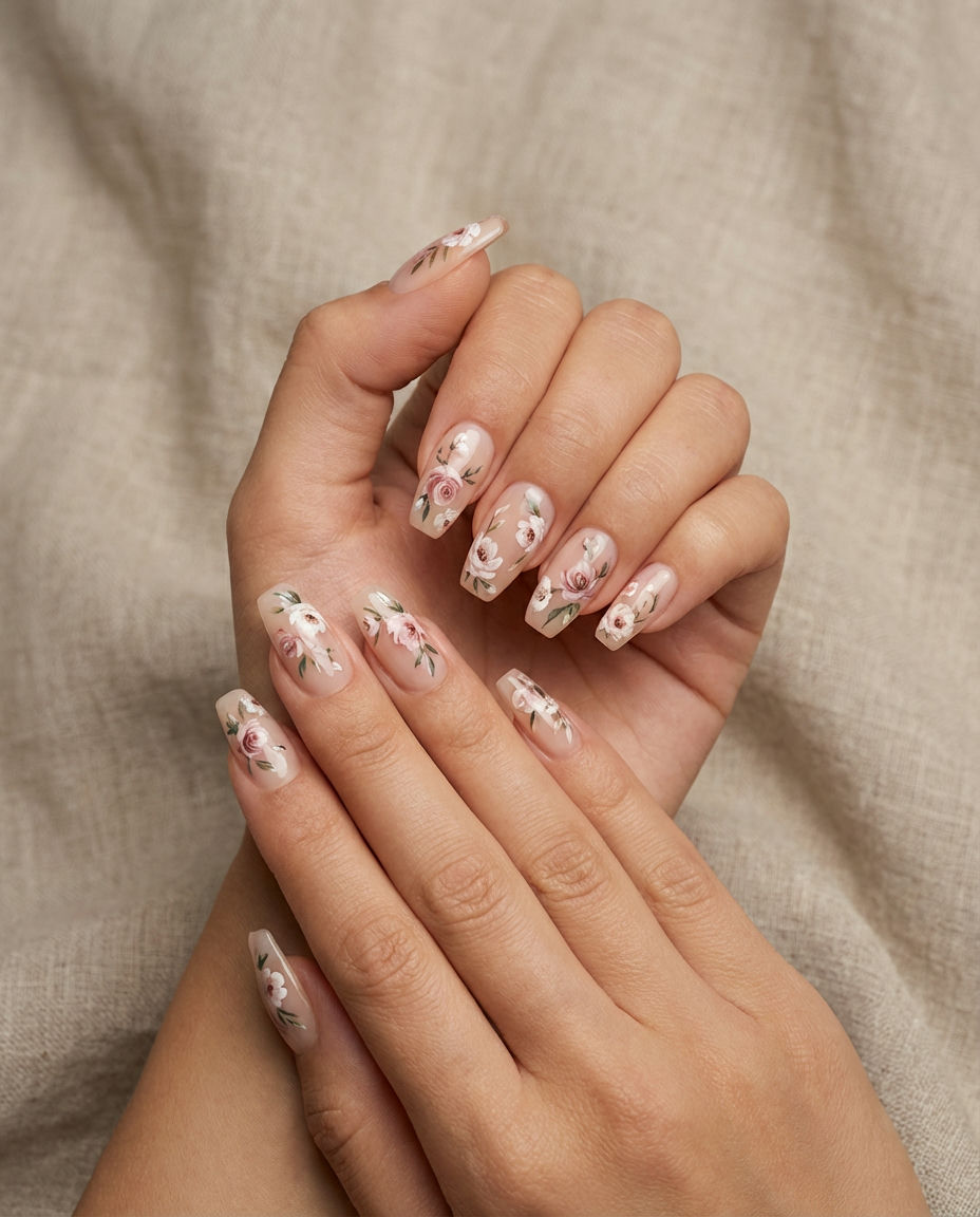 Romantic Floral Decal Engagement Coffin Nails
