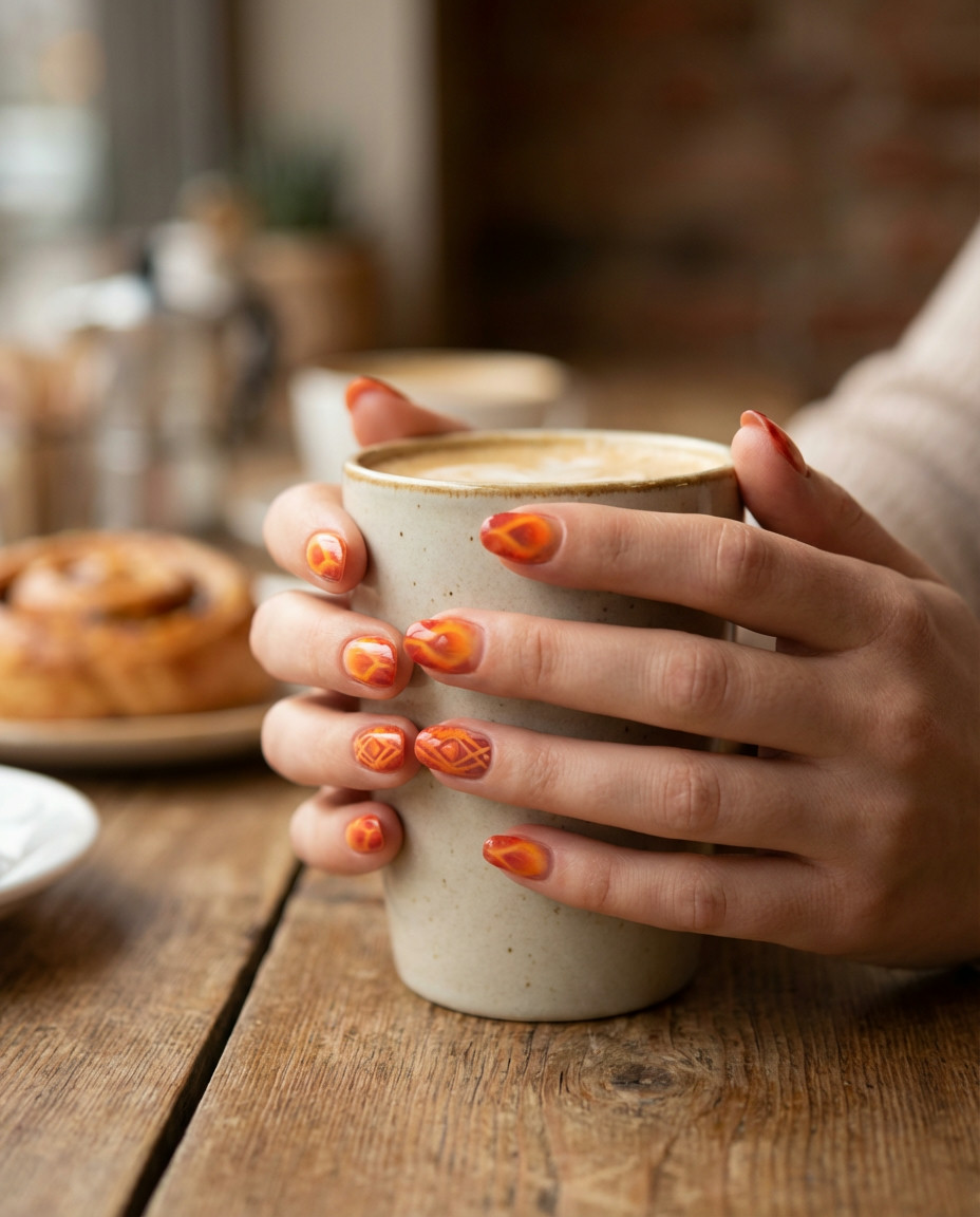 Sunny Orange Aura Nails with Artistic Swirls