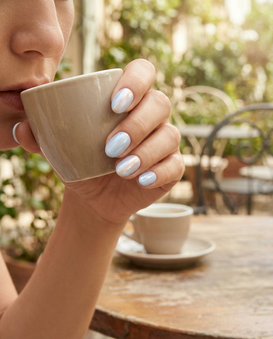 Subtle Baby Blue Cat Eye Nails Iridescent Sheen