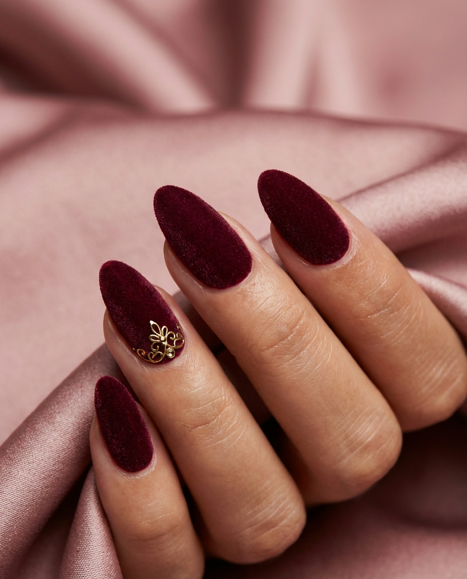 Regal Burgundy Velvet Engagement Accent Nails