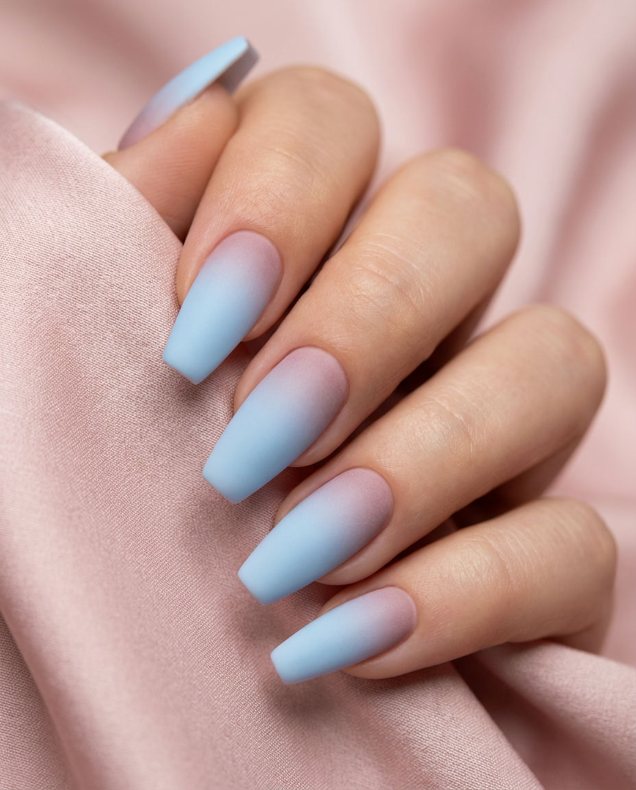 Chic Baby Blue Square Nails with Geometric Patterns