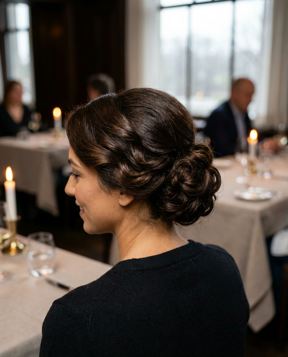 Deep Chestnut Brilliance: A Formal Updo Essential