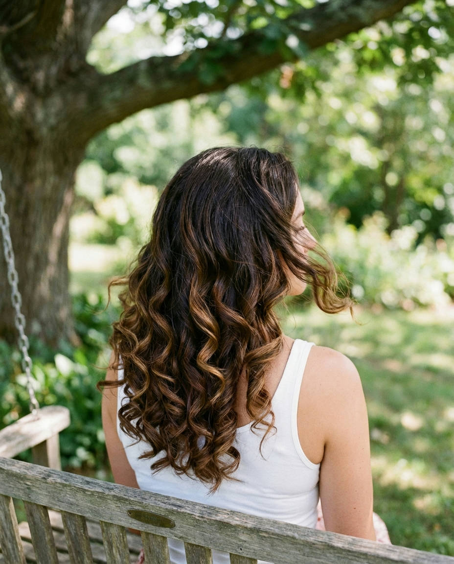 Subtle Caramel Swirls on Long Straight Brunette Hair