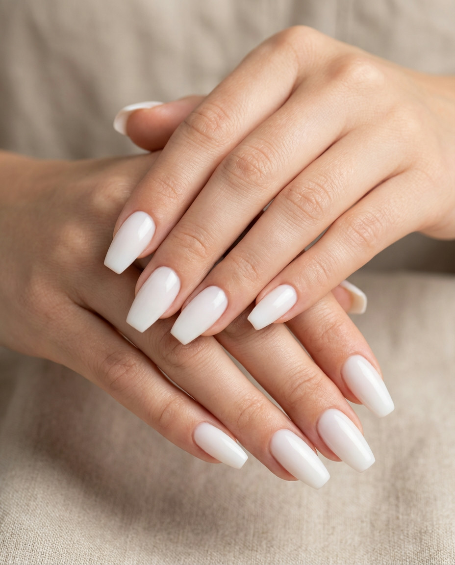 Sophisticated Milky White Coffin Engagement Manicure