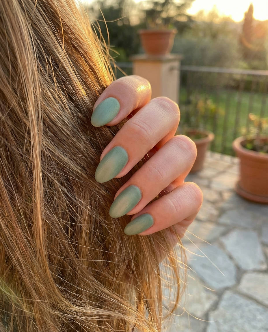 Velvet Touch Sage Green Engagement Almond Nails