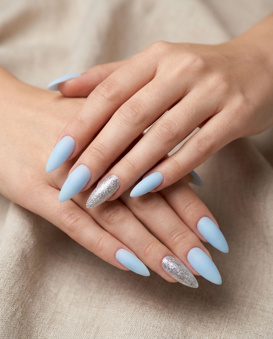 Baby Blue Stiletto Nails a Frosty Matte Finish