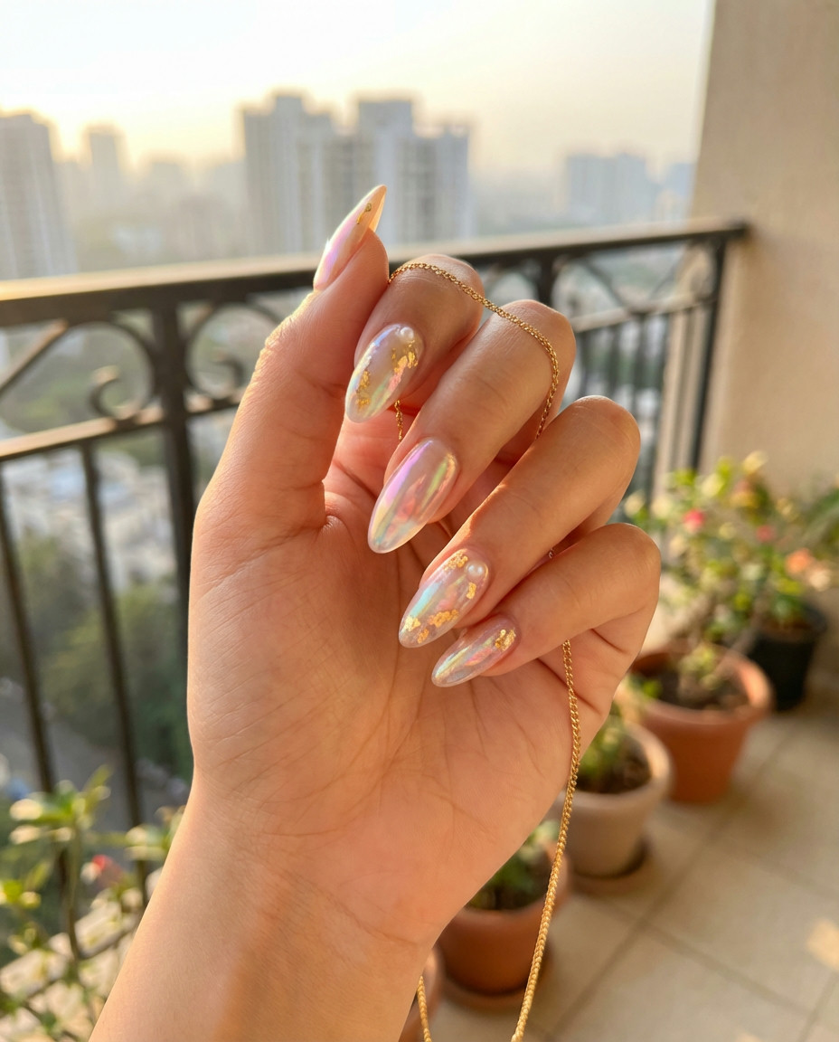 Mystical Blue Aura Nails with Glimmering Chrome