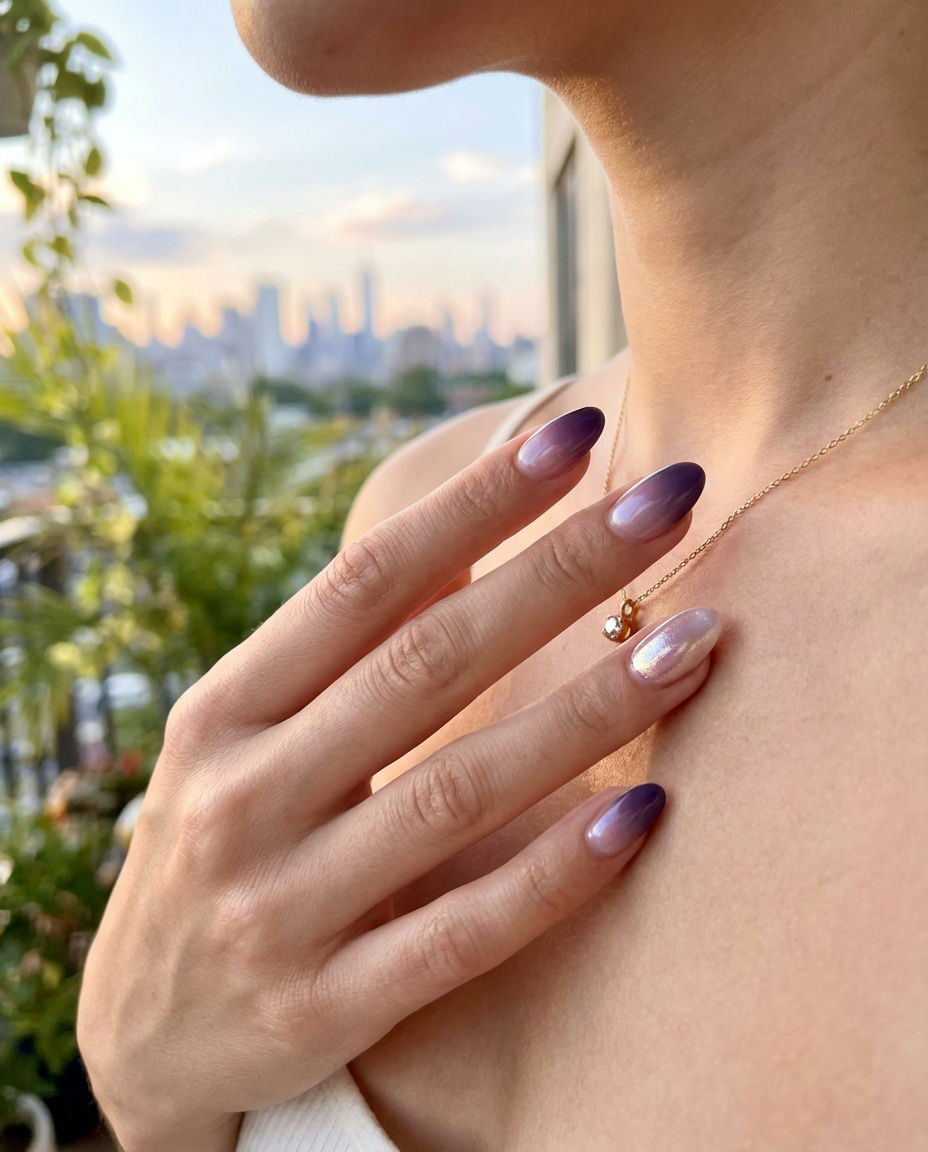 Warm Brown Aura Nails with Dainty Gold Lines