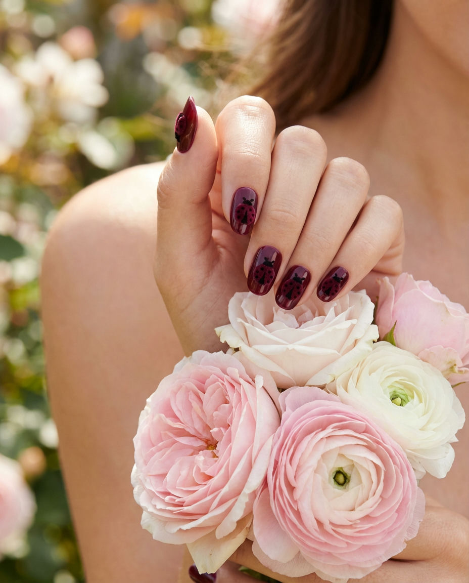 Elegant Oval Short Ladybug Nails