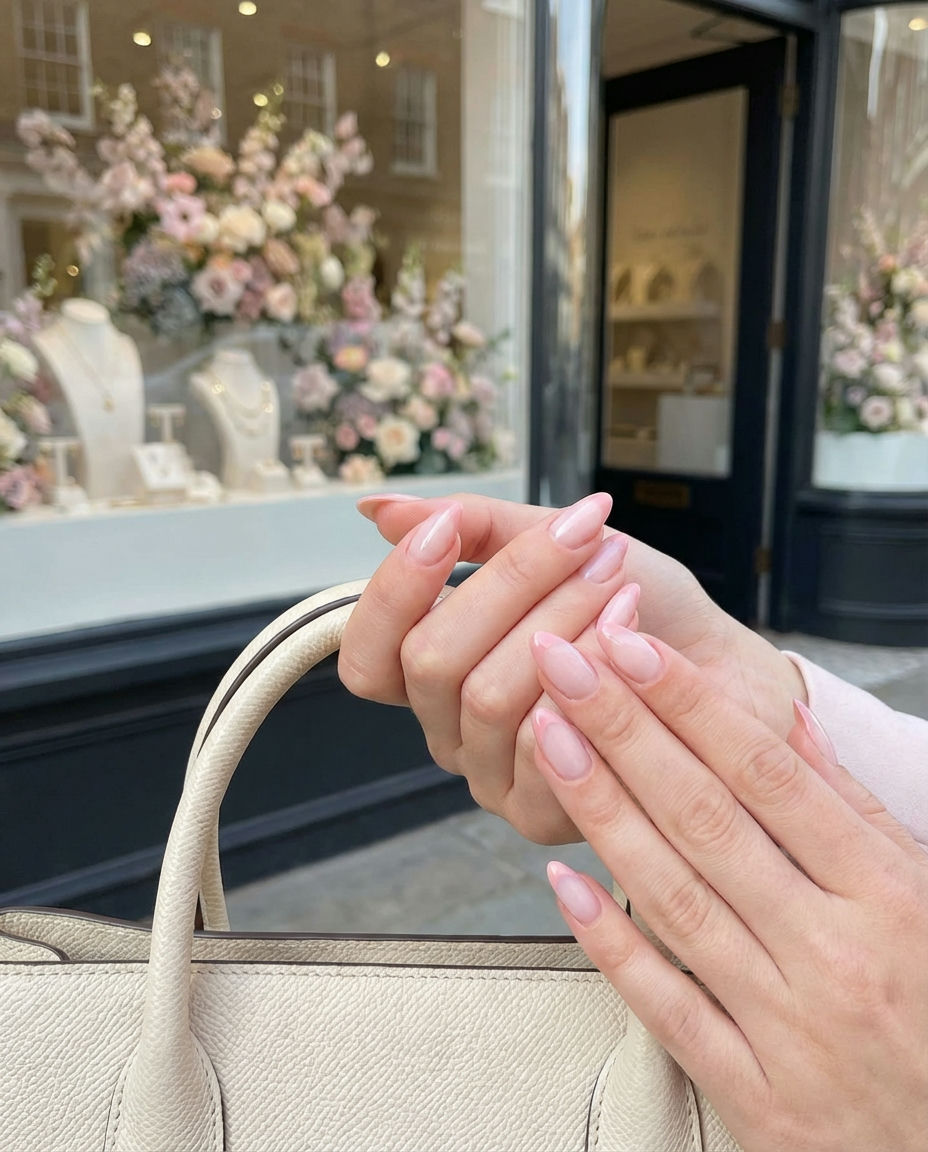 Blush Pink French Tip Engagement Almond Nails
