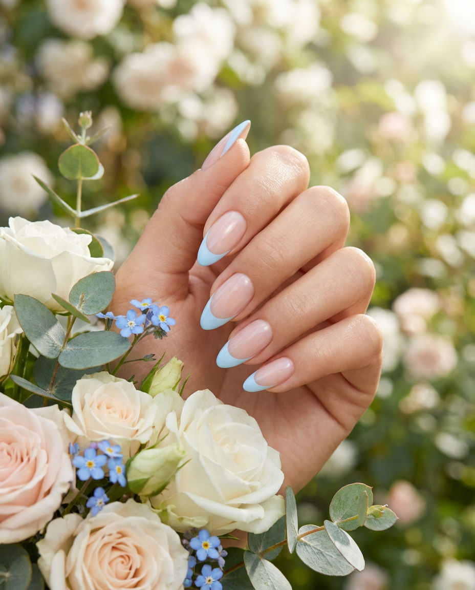 Serene Baby Blue Almond Nails with White Marbling