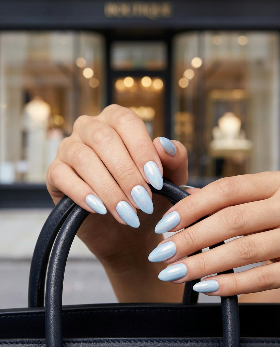 Elegant Baby Blue Swirl Designs on Almond Nails