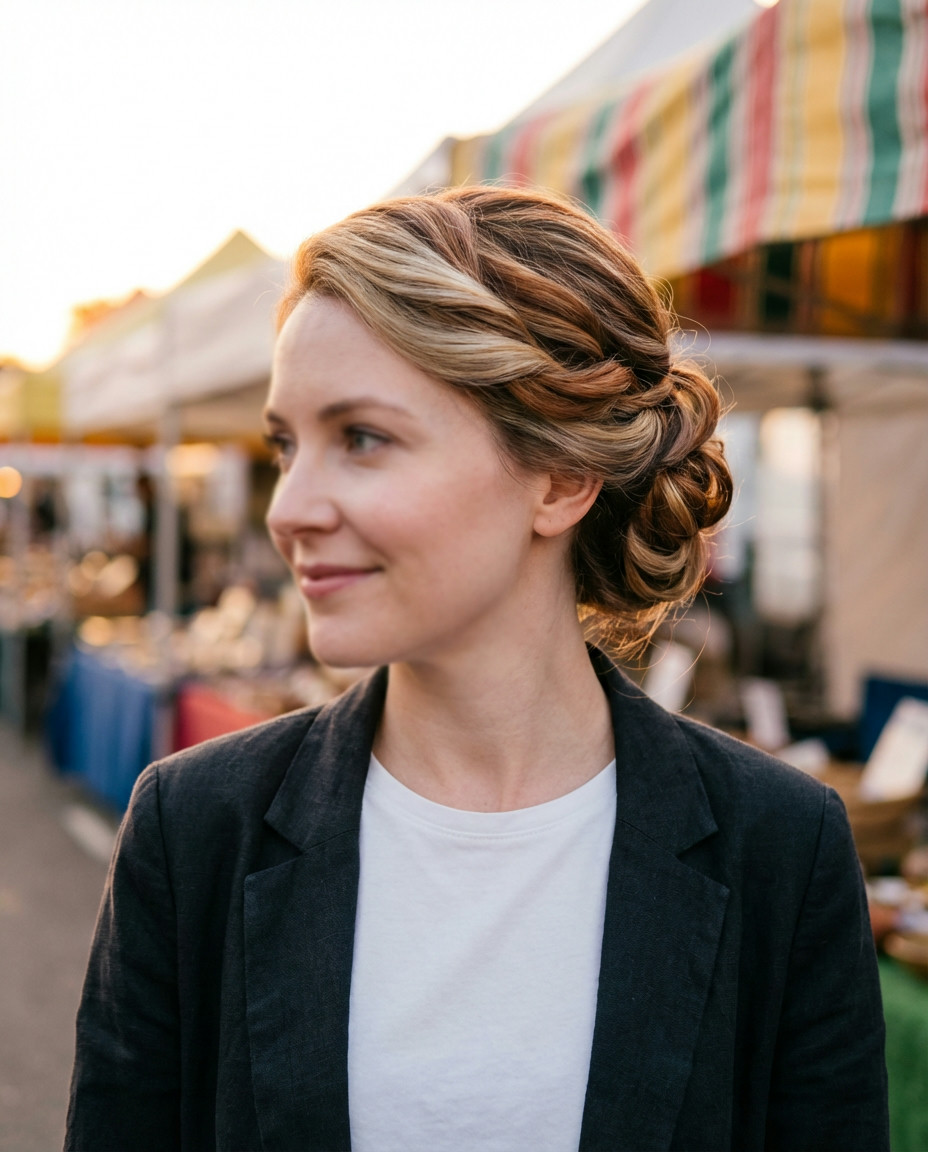 Elegant Calico Swirl: Formal Updo with Blended Hues