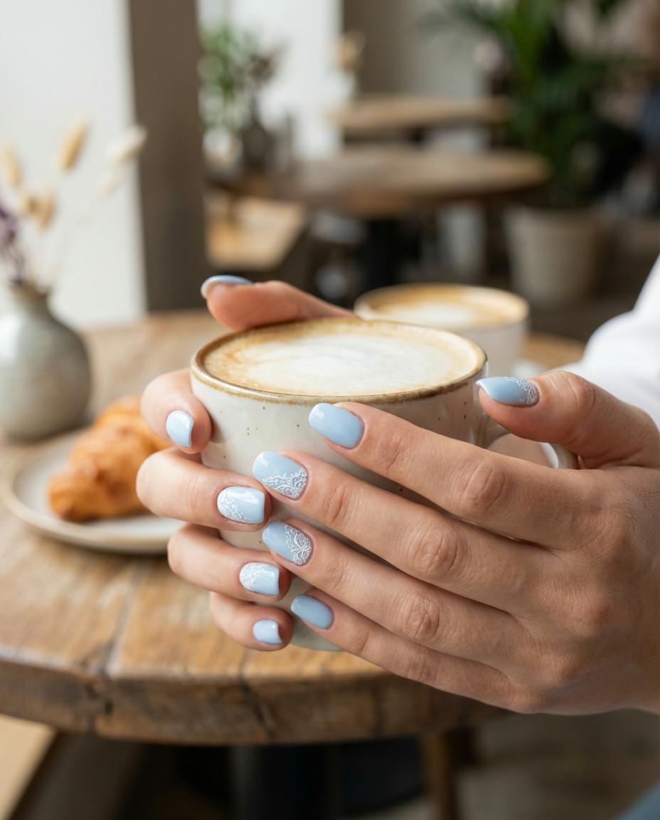 Glittering Baby Blue Champagne Accent Coffin Nails