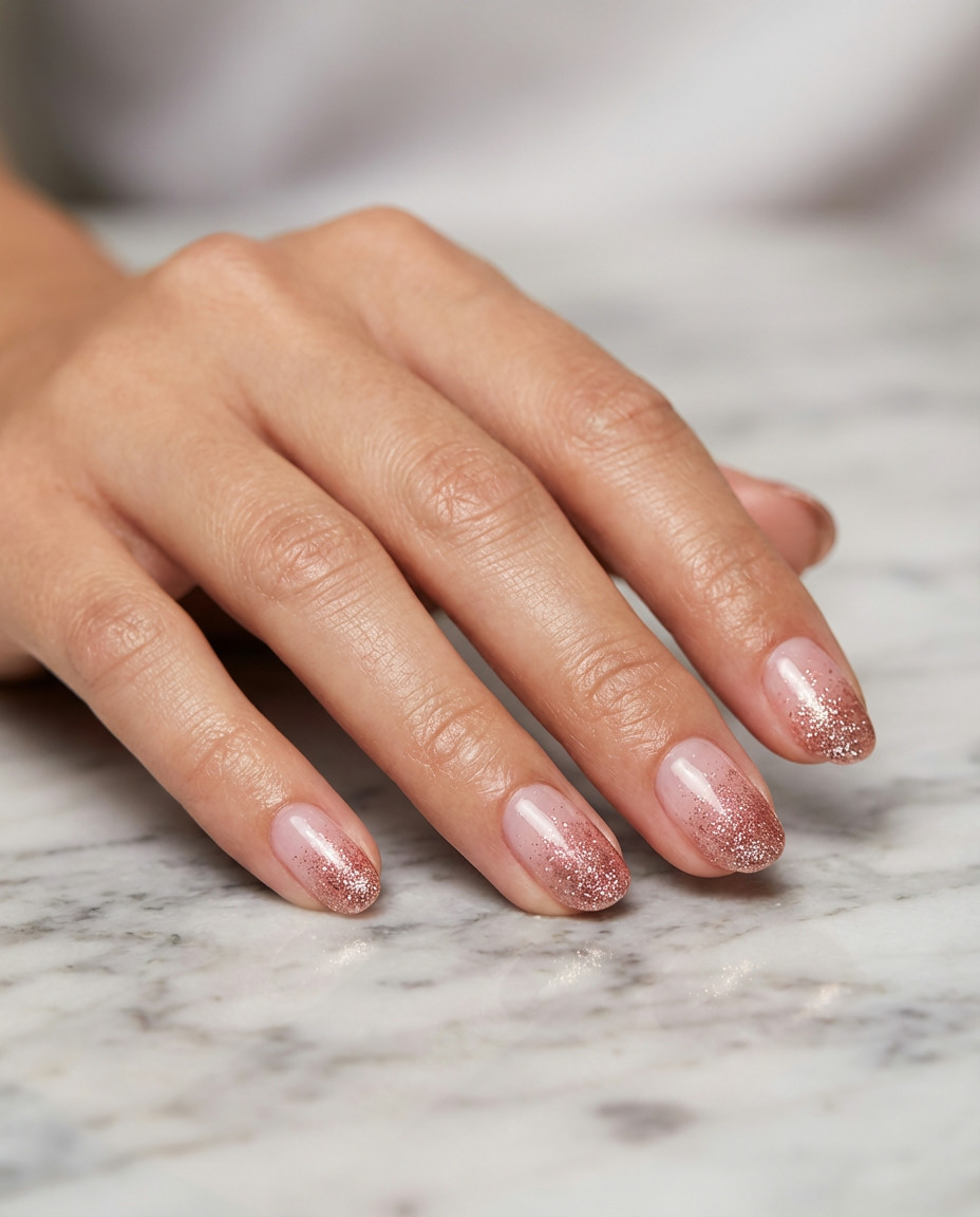Delicate Rose Gold Glitter Engagement Ombre Nails