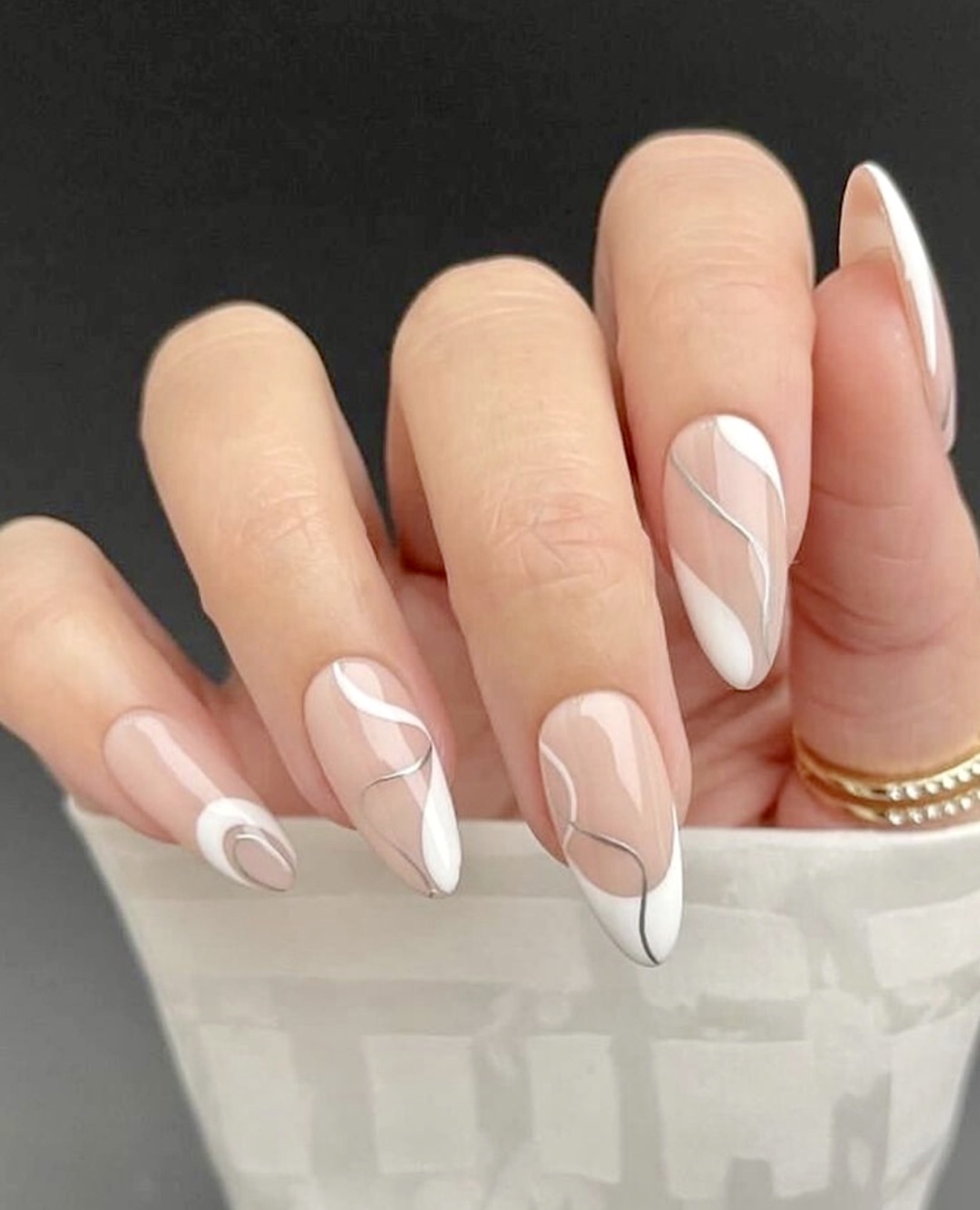 Abstract White Swirl Almond Nails