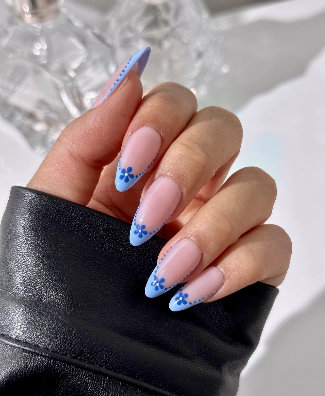 Baby Blue French Tip Floral Almond Nails