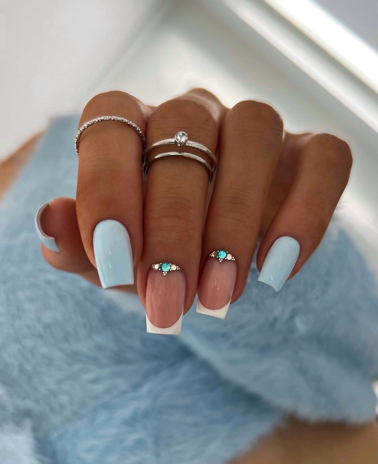 Baby Blue French Tip Nails with Rhinestone Gems