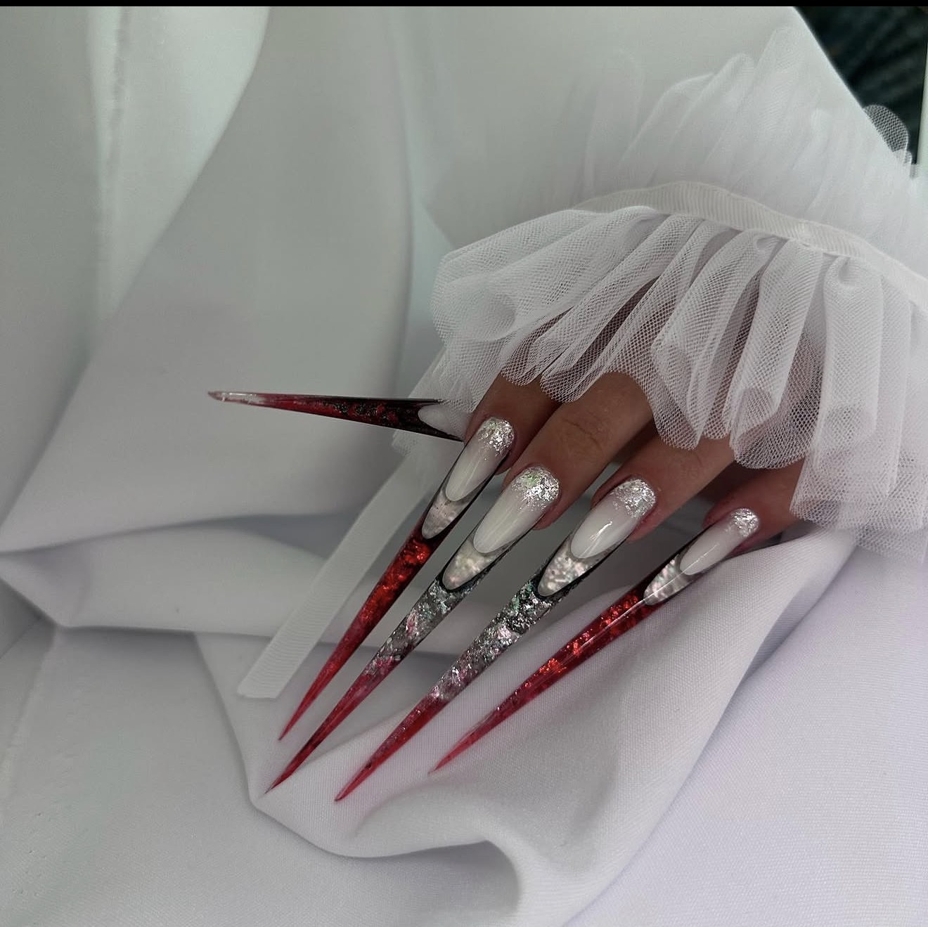 Bloody Glam Stiletto Nails with Glitter Accents