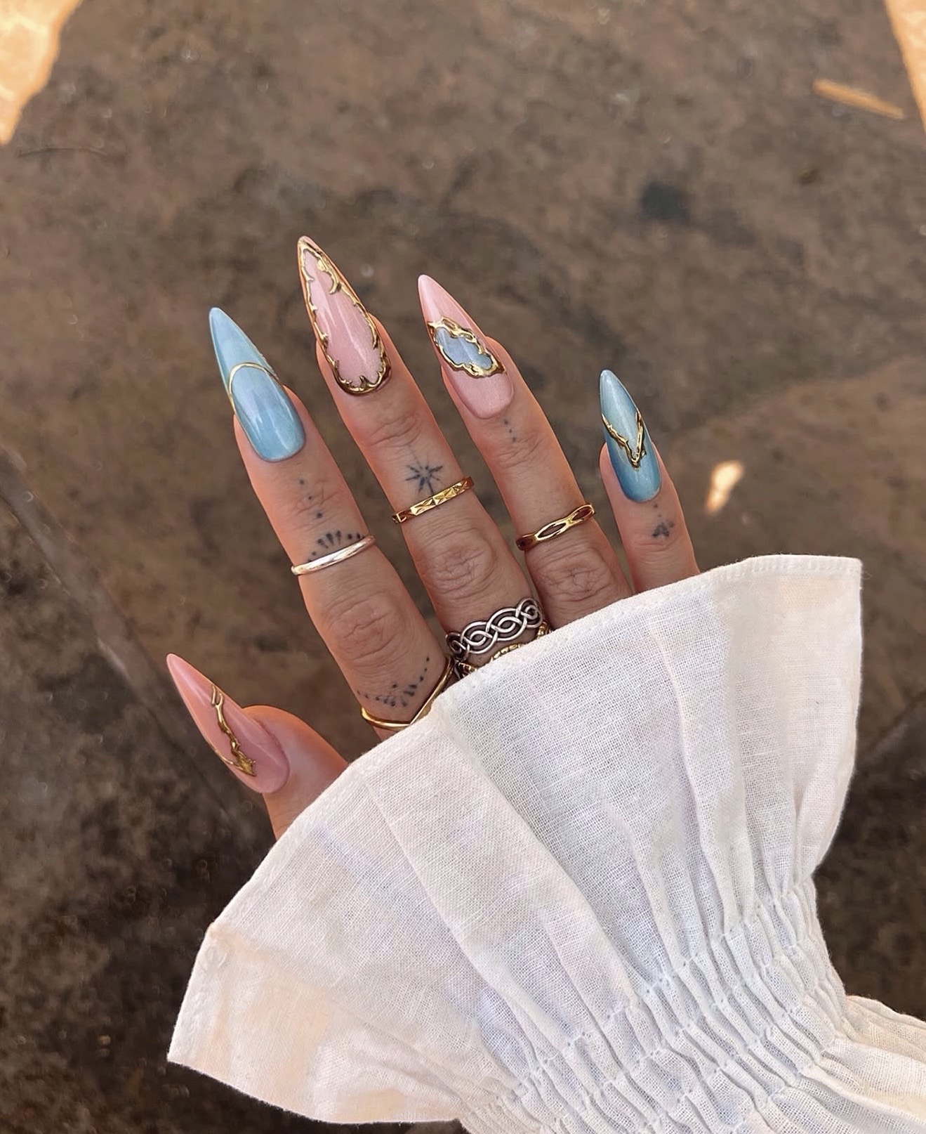 Blush Pink and Sky Blue Almond French Tips