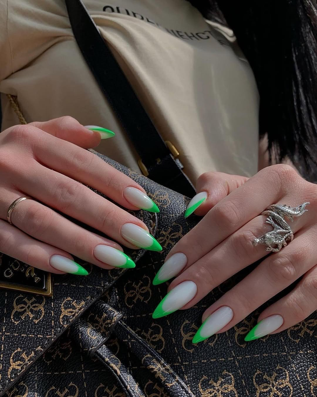 Bright Neon French Tip Stiletto Nails