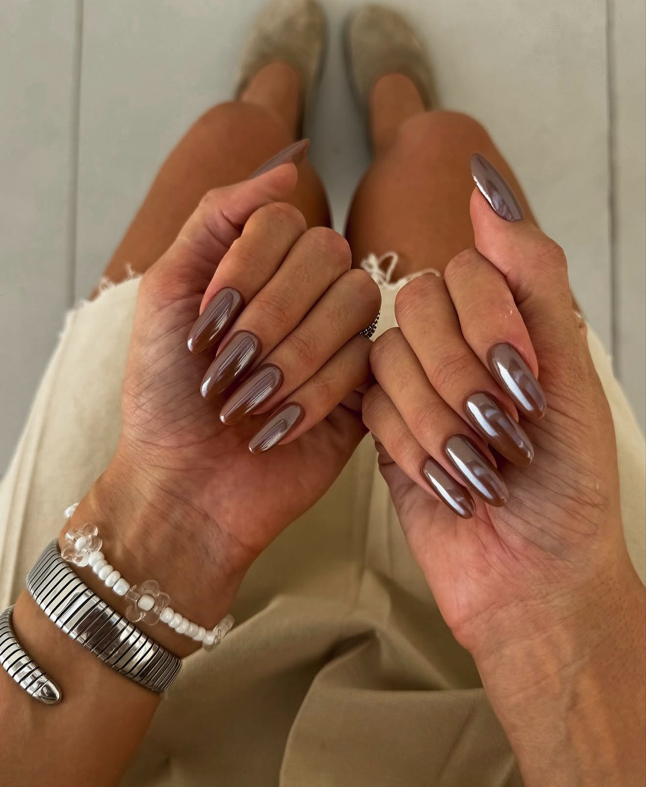 Brown Mirror Chrome Almond Nails