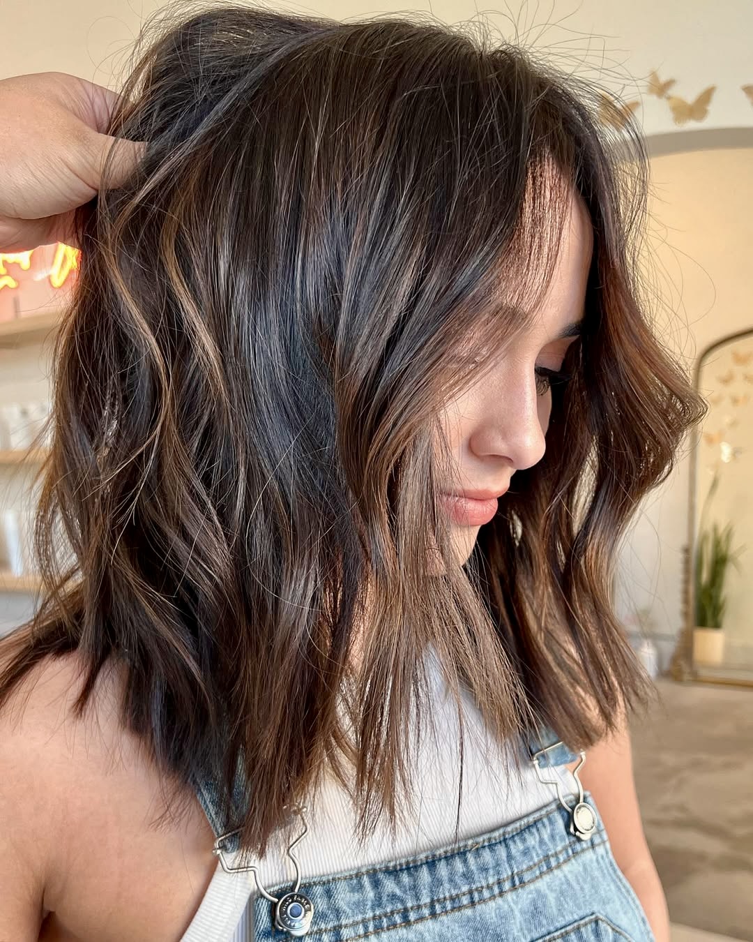 Caramel Swirl Brunette Long Bob With Soft Waves