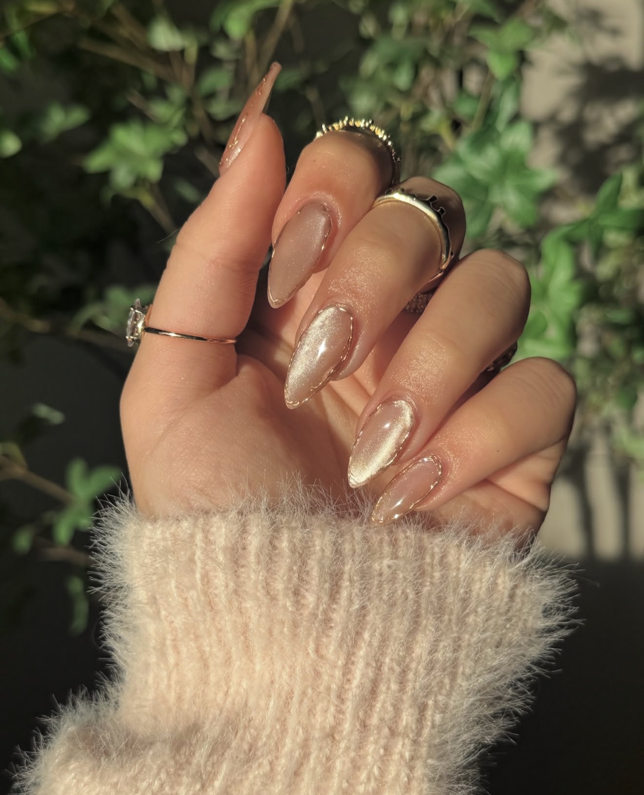 Champagne Cat Eye Nails with Gold Outline