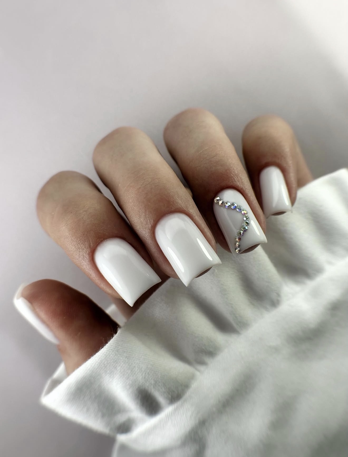 Chic White Square Nails With Crystal Accent