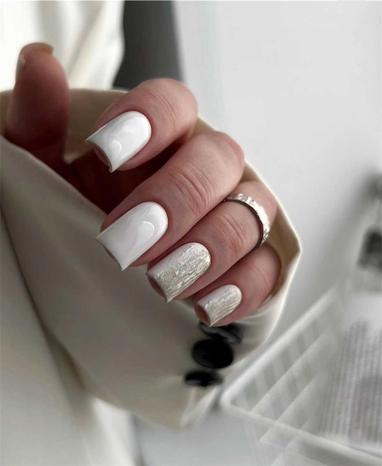 Clean White Square Nails with Metallic Accent
