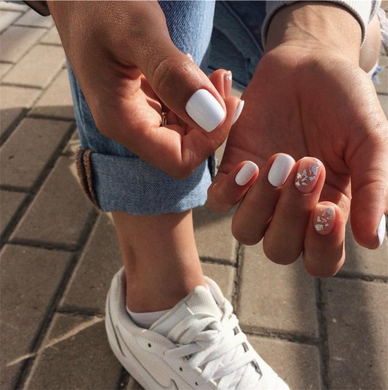 Clean White Square Nails with Silver Foil Accents