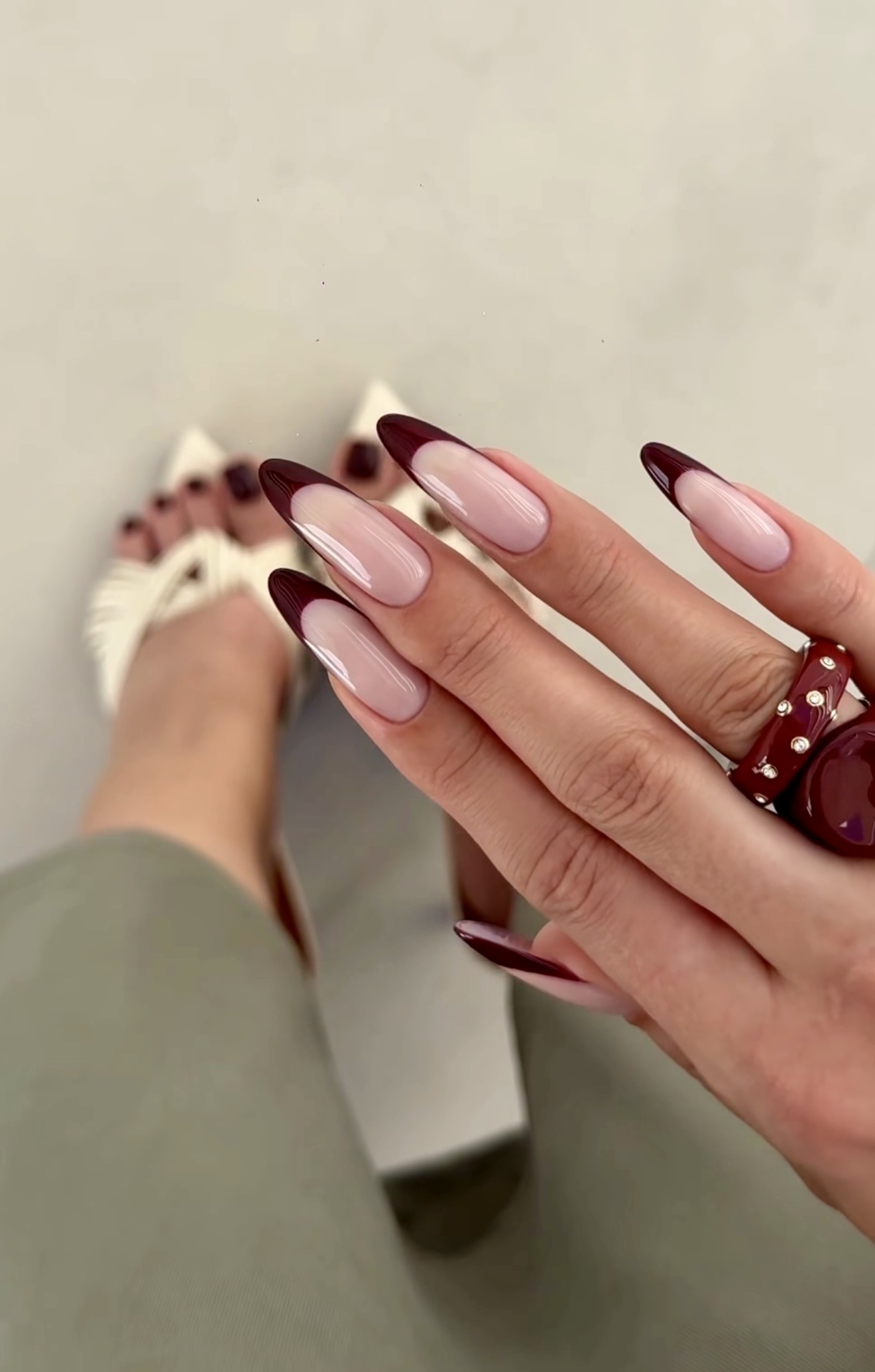 Deep Burgundy Classic French Tip Almond Nails