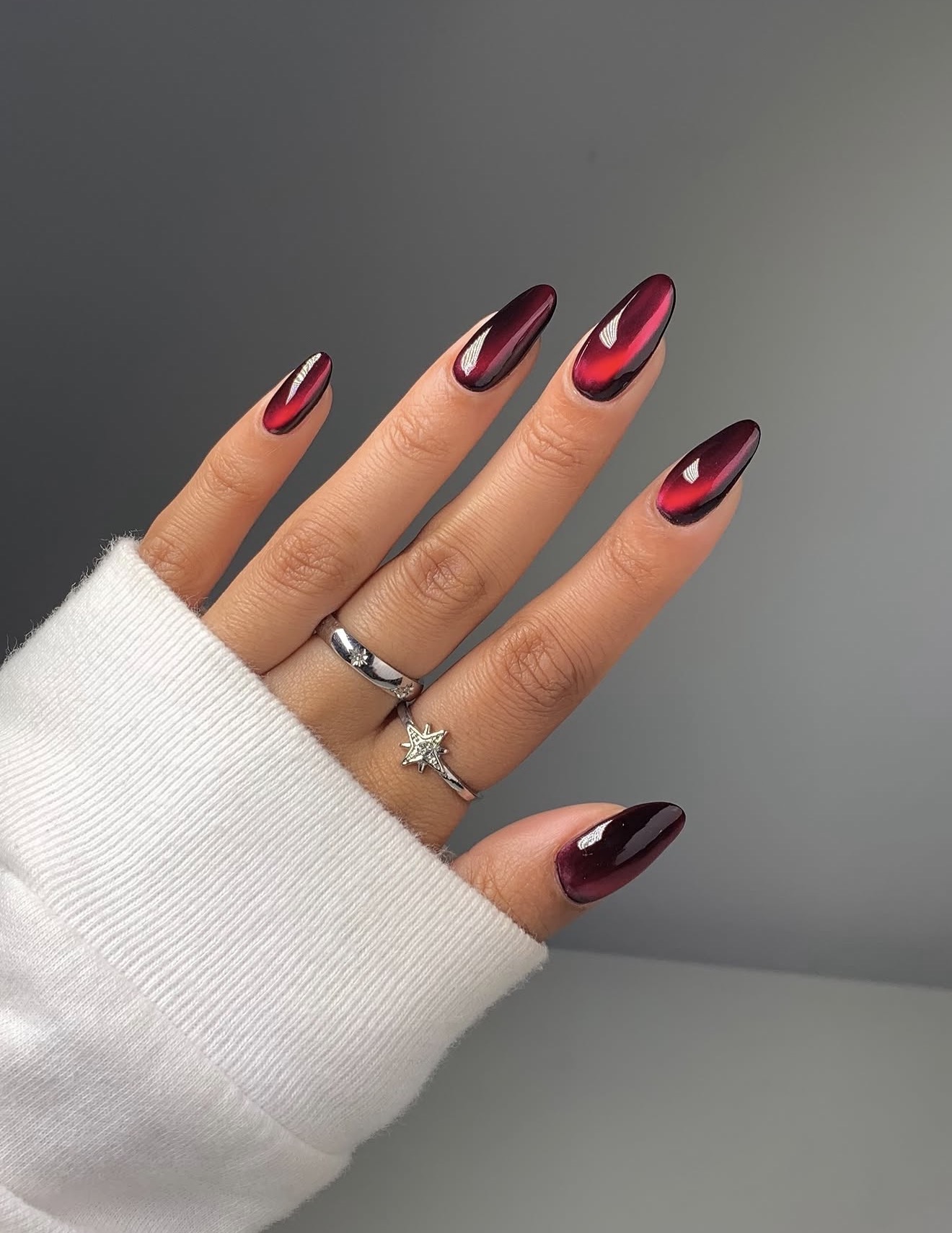 Deep Red Velvet Cat Eye Almond Nails