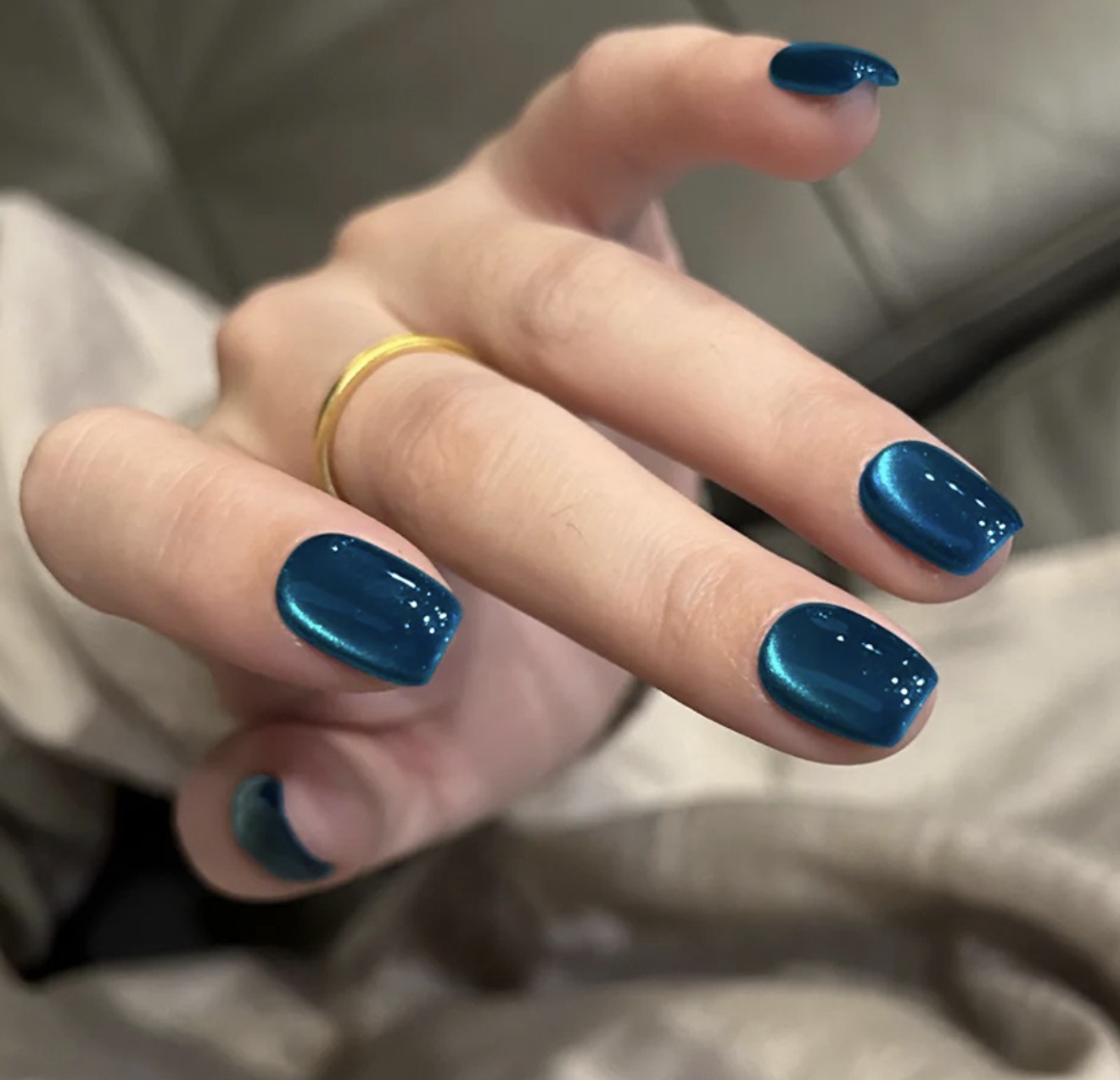 Deep Teal Cat Eye Glossy Square Nails