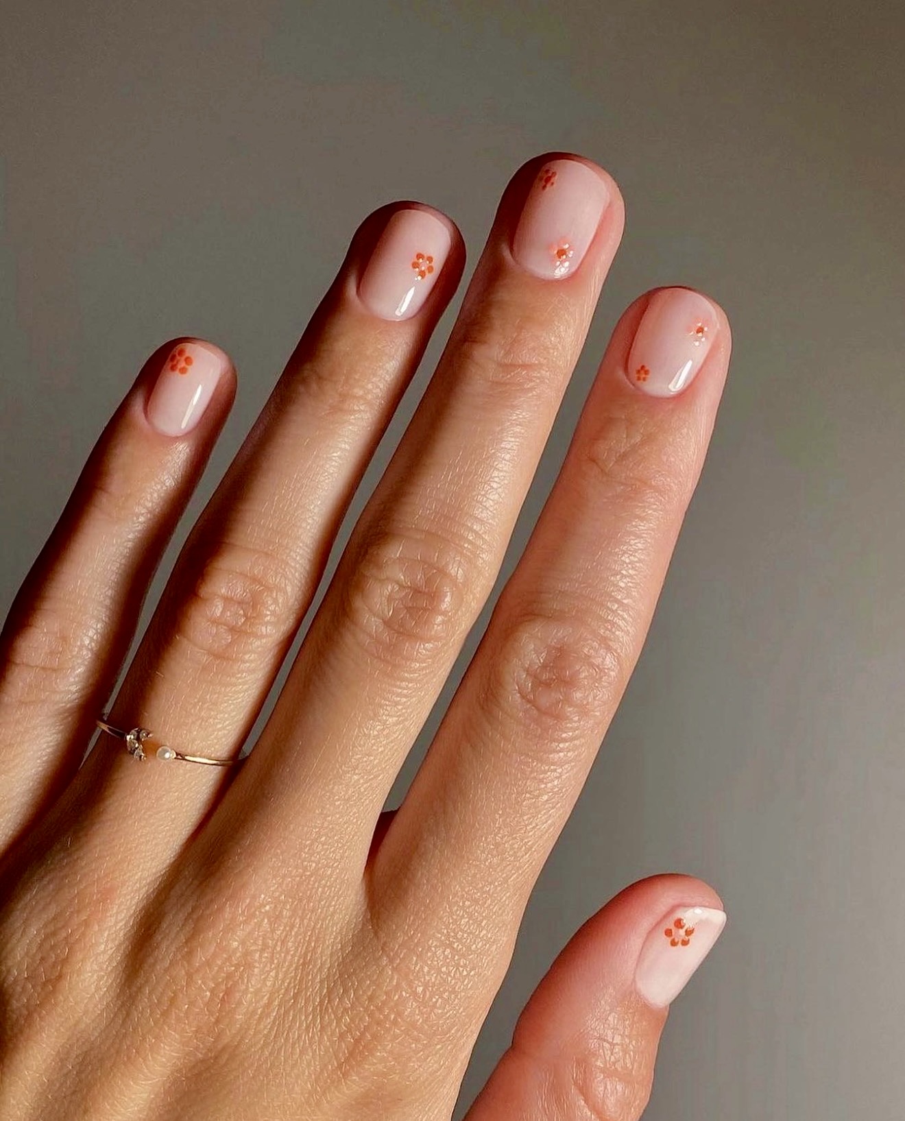 Delicate Orange Floral Accent Minimalist Nails