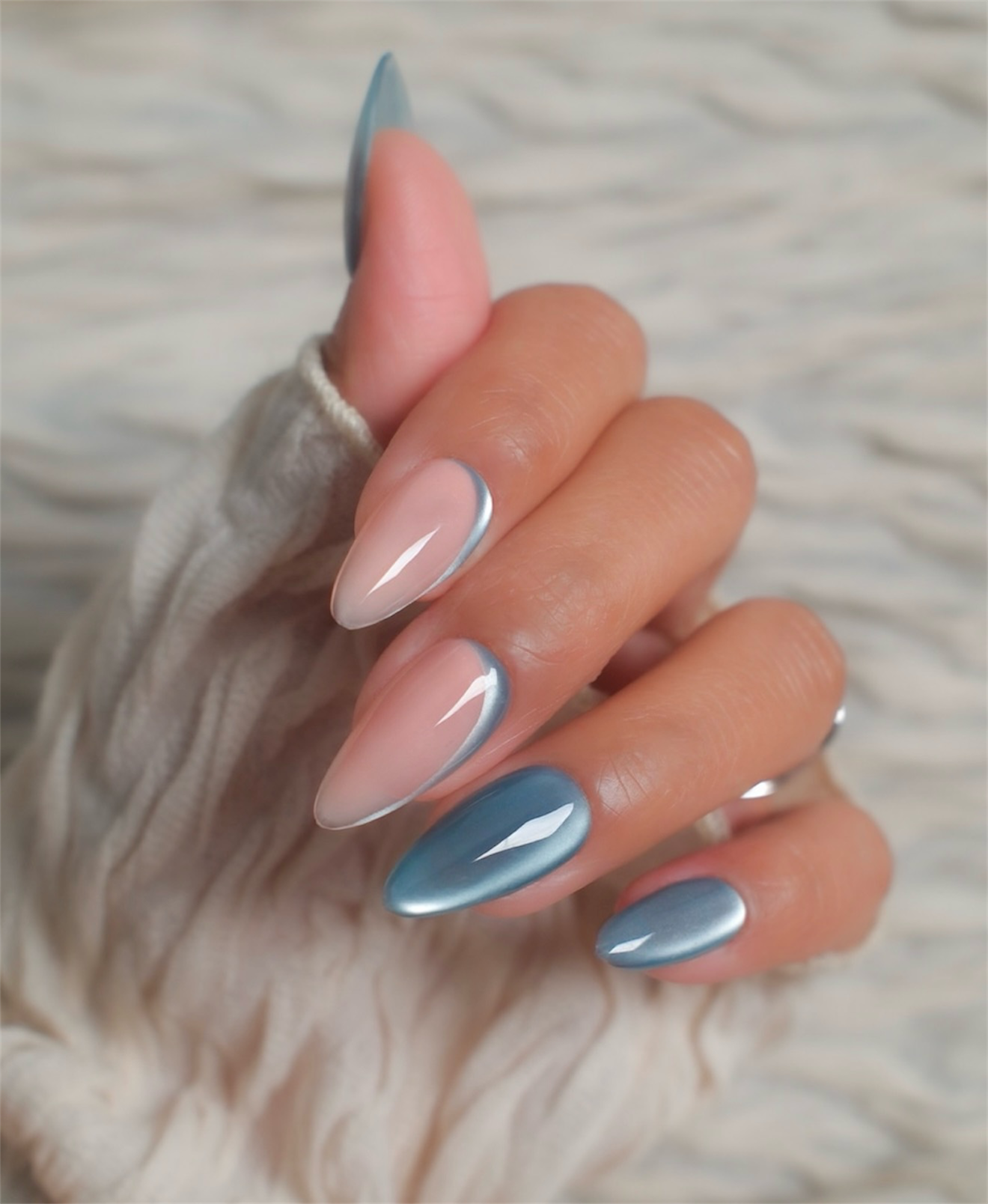Dual Tone Cat Eye French Tip Almond Nails
