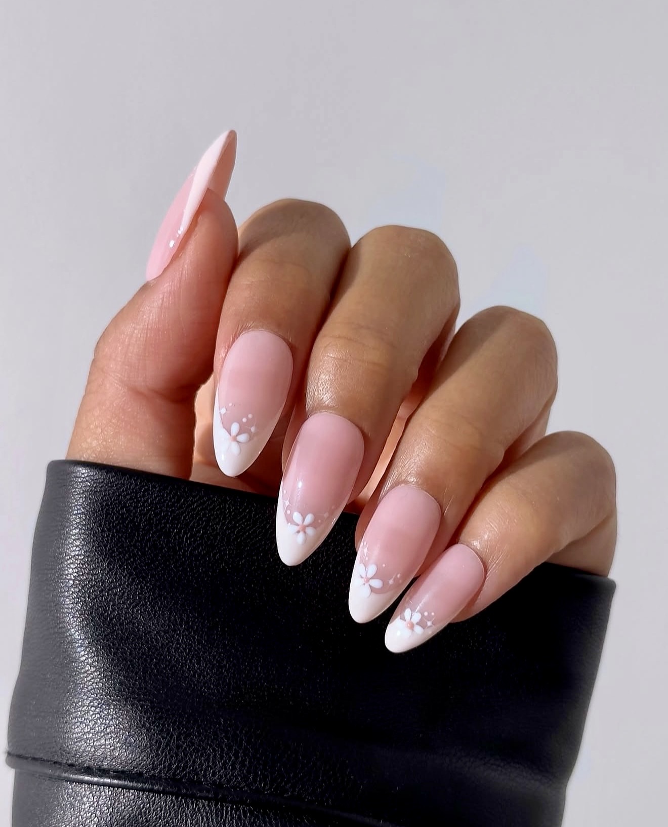 Elegant Floral French Tip Almond Nails