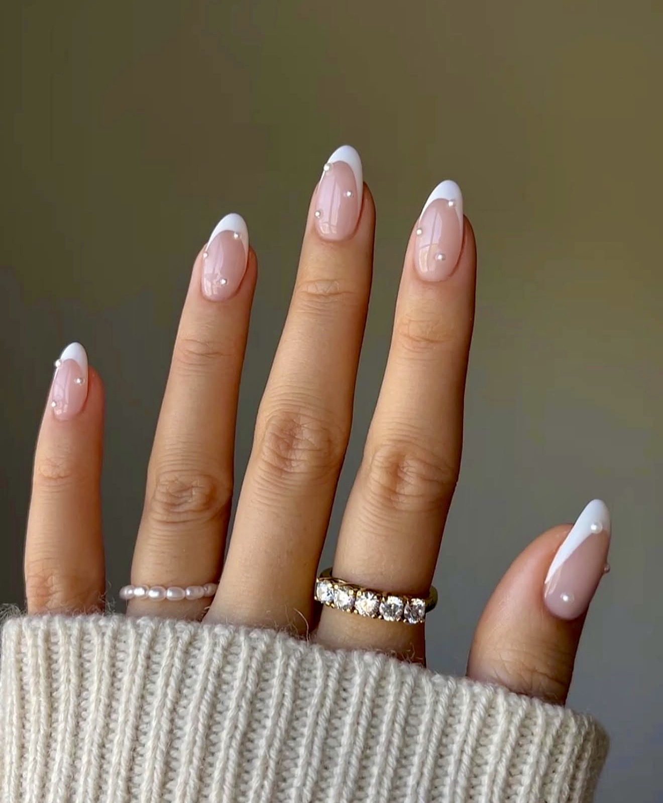 Elegant Pearl Embellished French Tip Nails