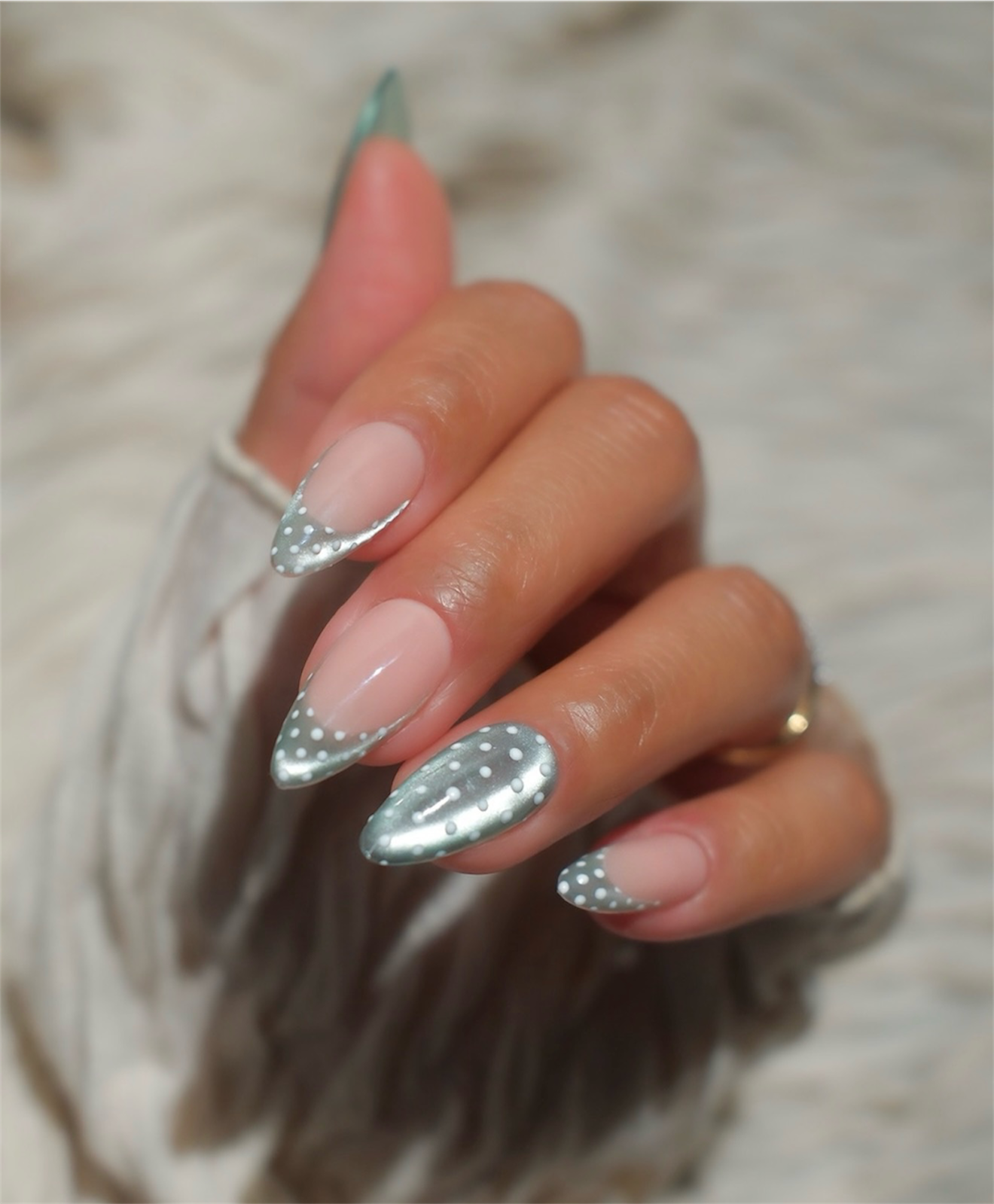 Elegant Silver Polka Dot French Manicure