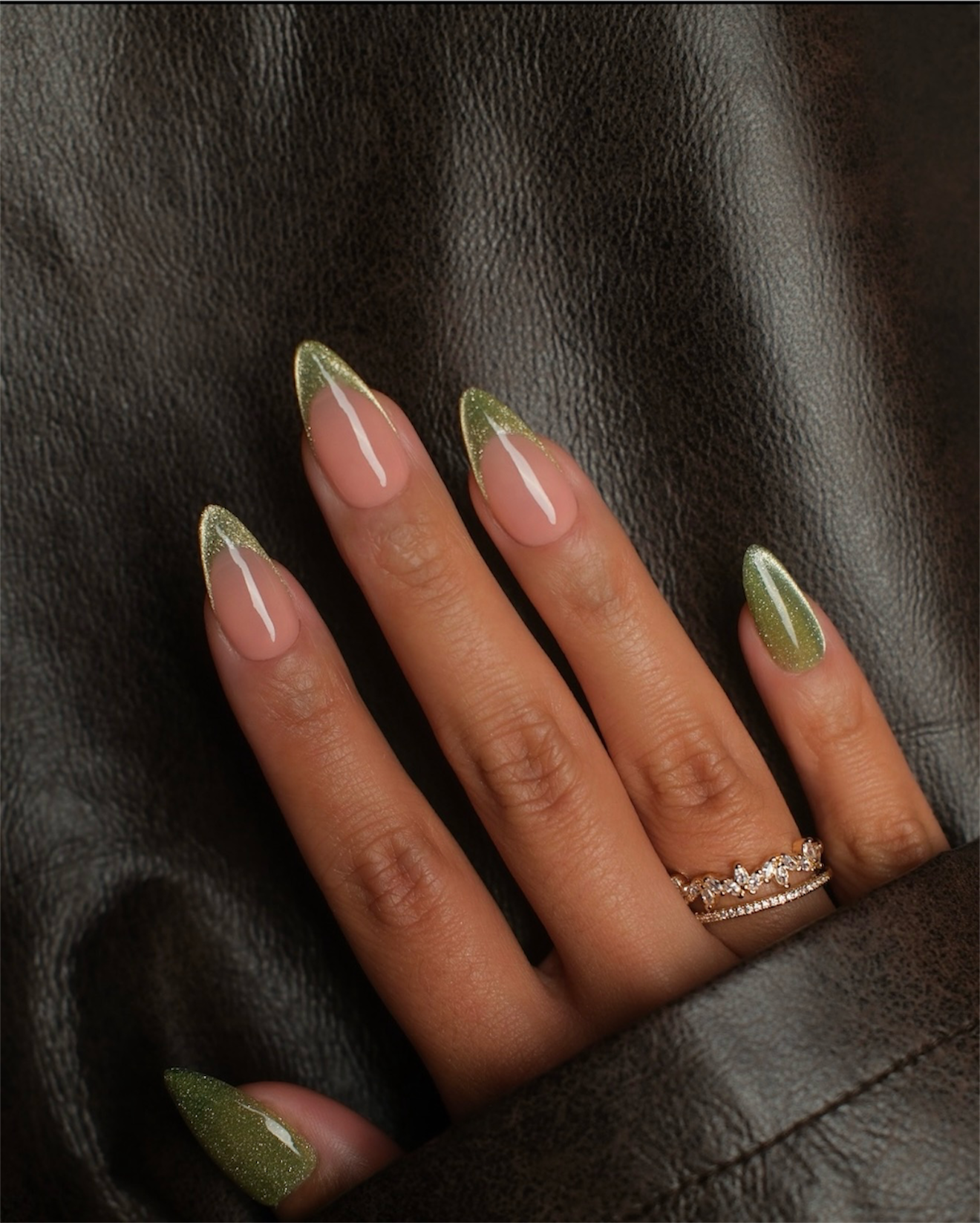 Emerald Cat Eye French Tip Stiletto Nails