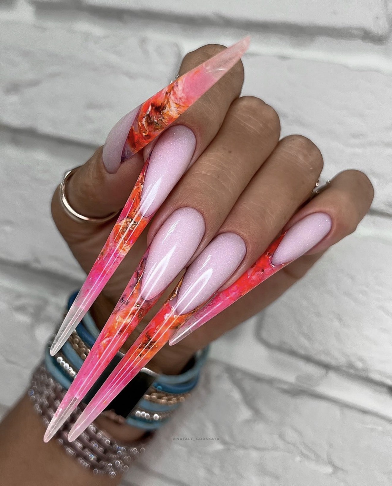Fiery Marble Stiletto French Tip Nails