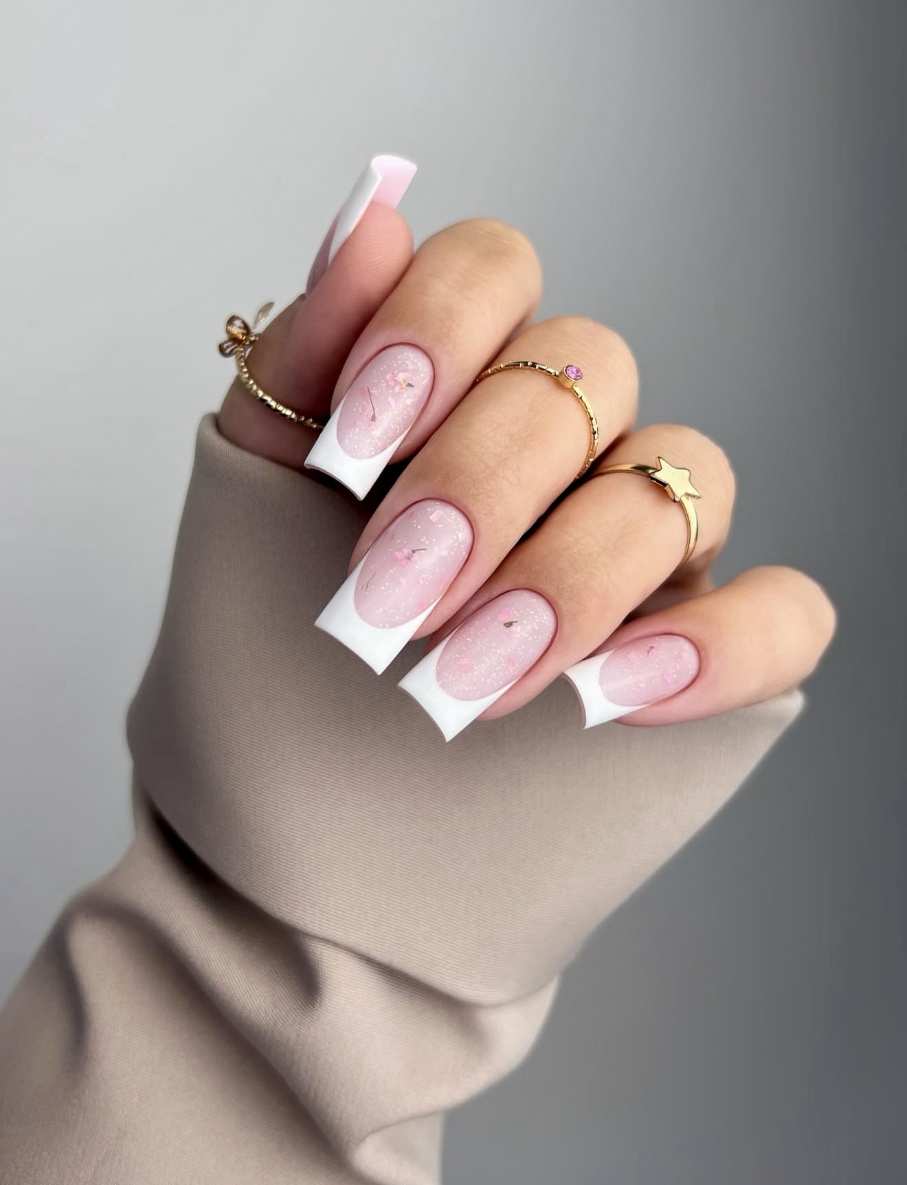 French Tip Nails with Delicate Pressed Flowers