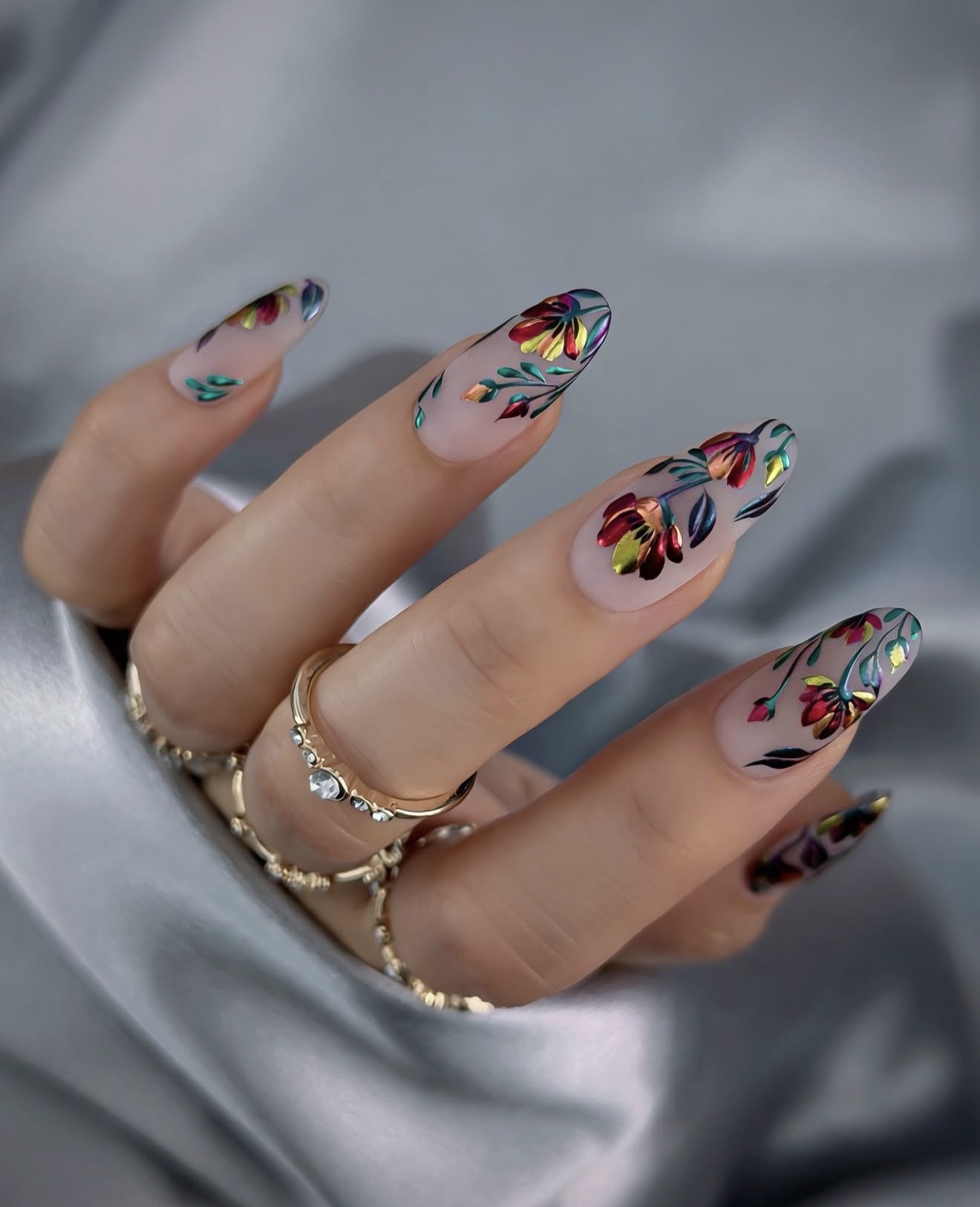 Frosted Floral Foil Almond Nails