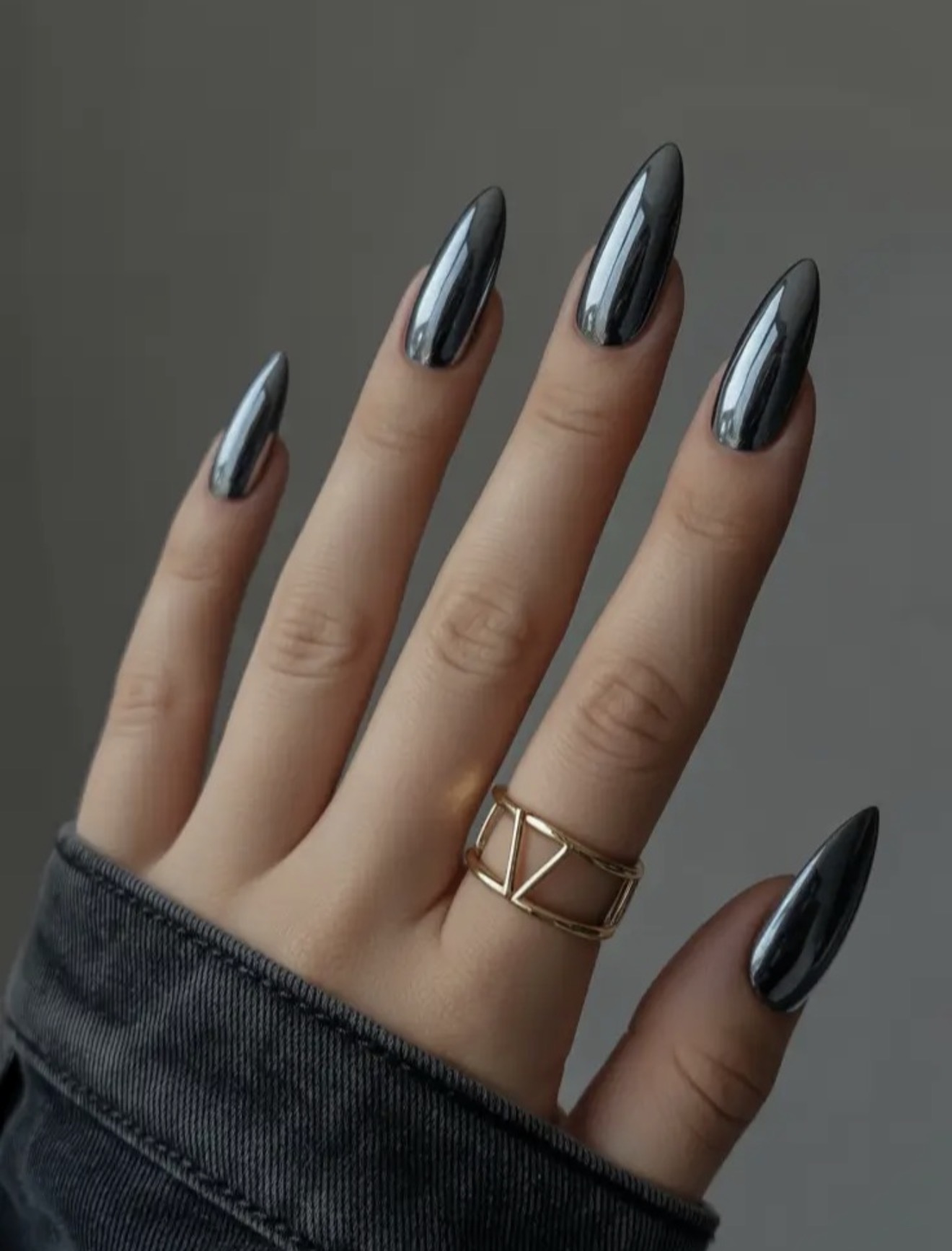 Futuristic Gunmetal Chrome Stiletto Nails