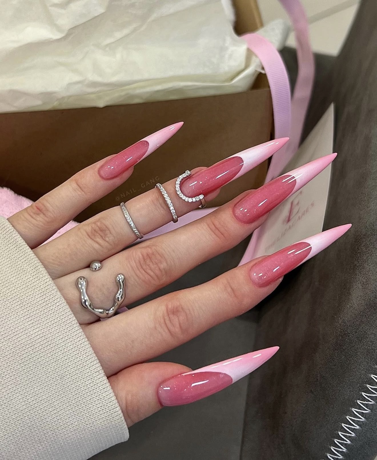 Glamorous Pink and White Ombré Stiletto Nails