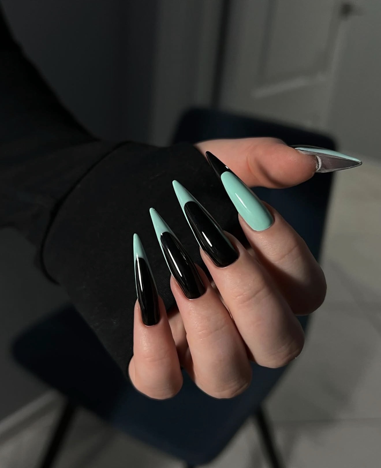 Glossy Black and Mint Stiletto French Tips